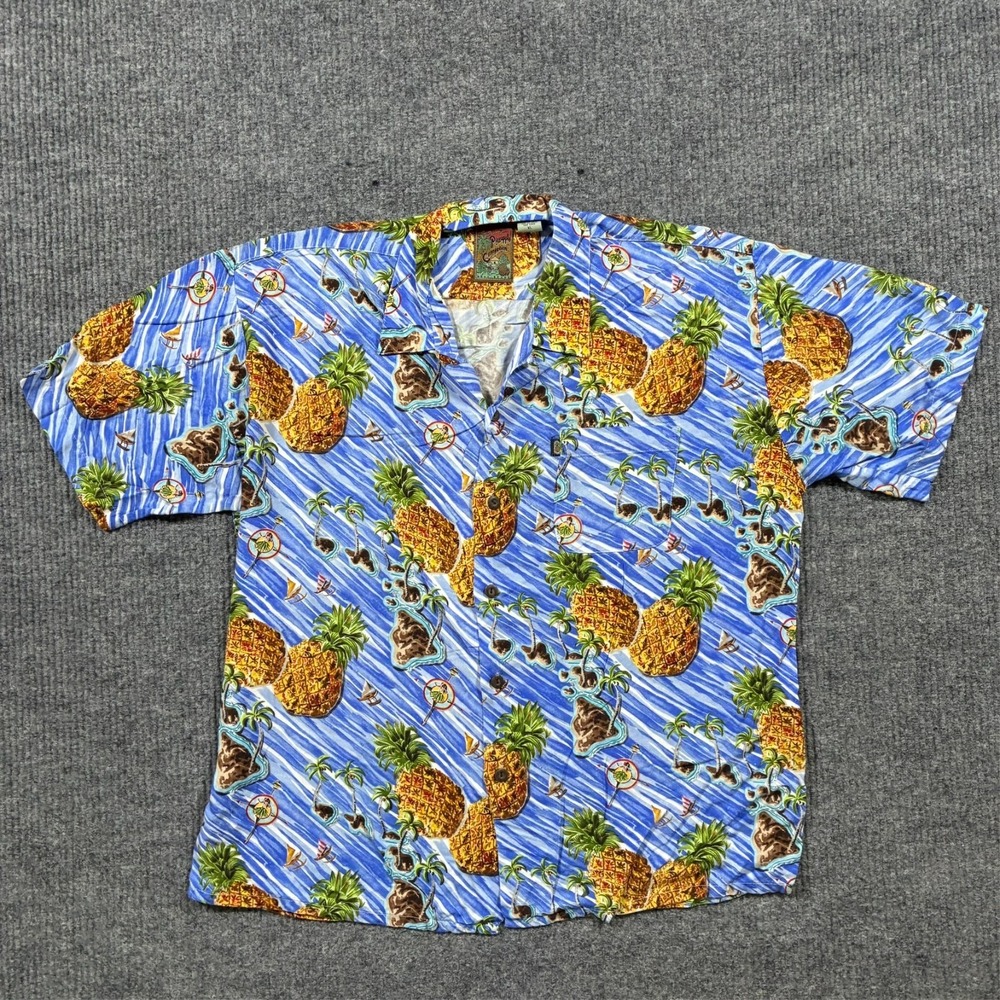 Vintage Pineapple Connection Hawaiian Button Up Shirt Size XL Blue Rayon Aloha
